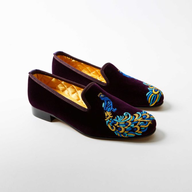 Regal Velvet Embroidered Albert Slippers with Peacock