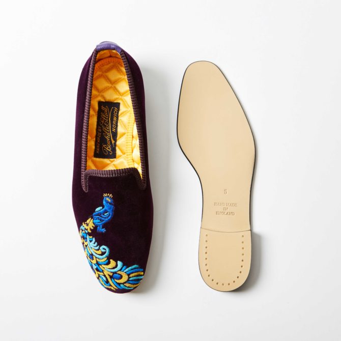 Regal Velvet Embroidered Albert Slippers with Peacock