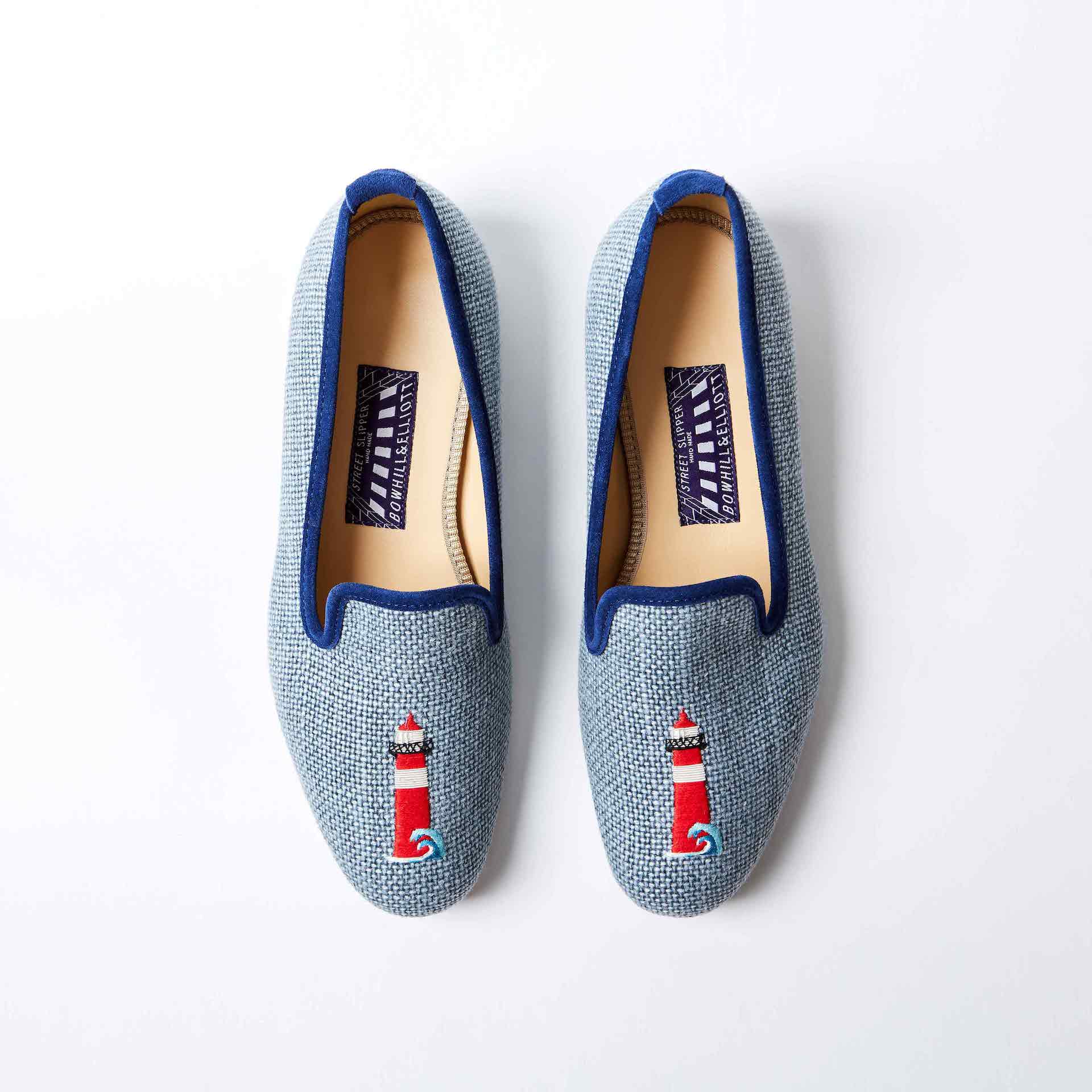 Denim Linen Albert Slippers with Embroidered Lighthouse