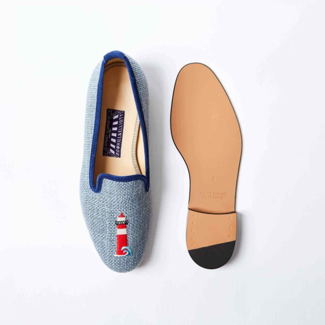 Denim Linen Albert Slippers with Embroidered Lighthouse