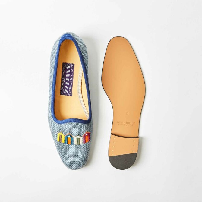 Denim Linen Pumps with Embroidered Beach Huts