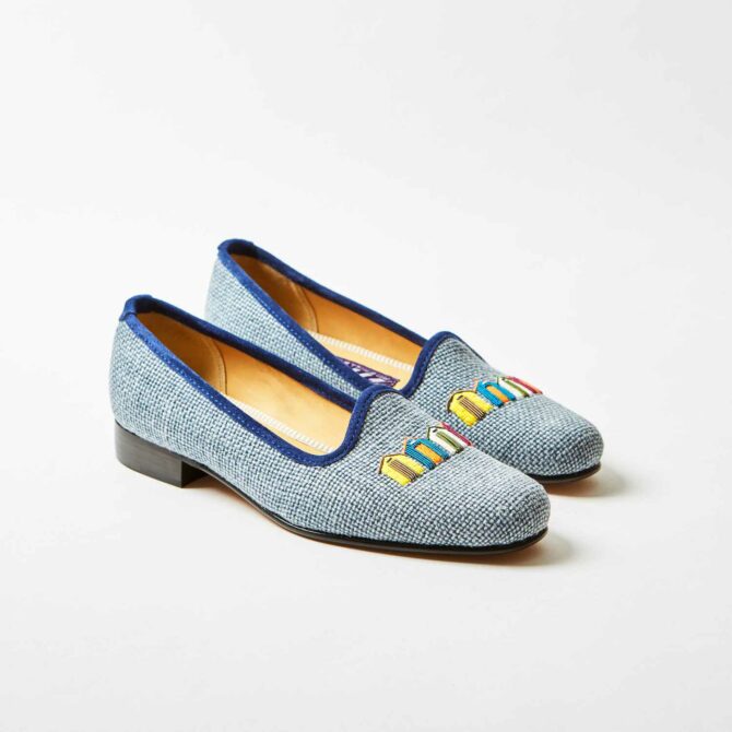 Denim Linen Pumps with Embroidered Beach Huts