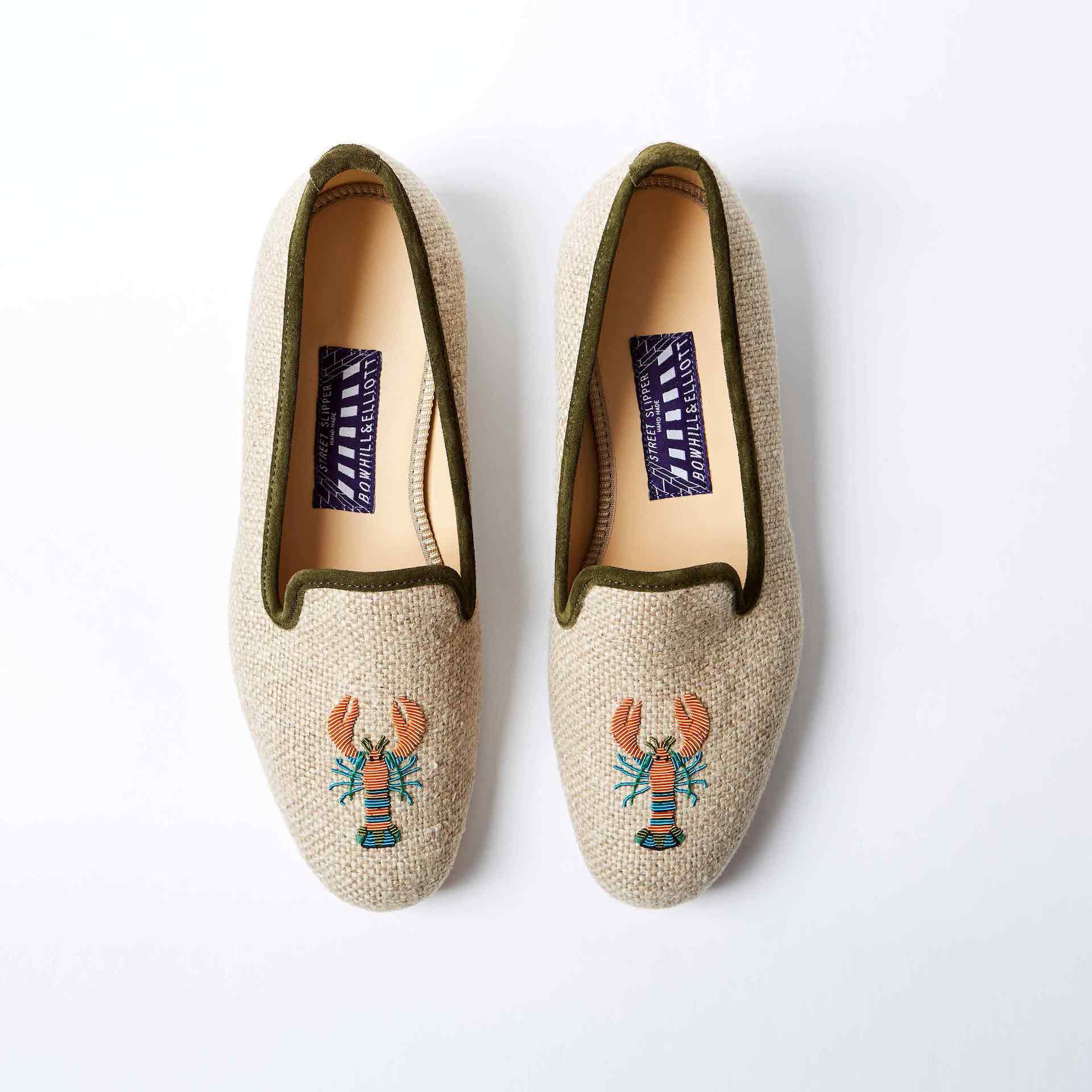Oatmeal Linen Albert Slippers with Funky Lobster