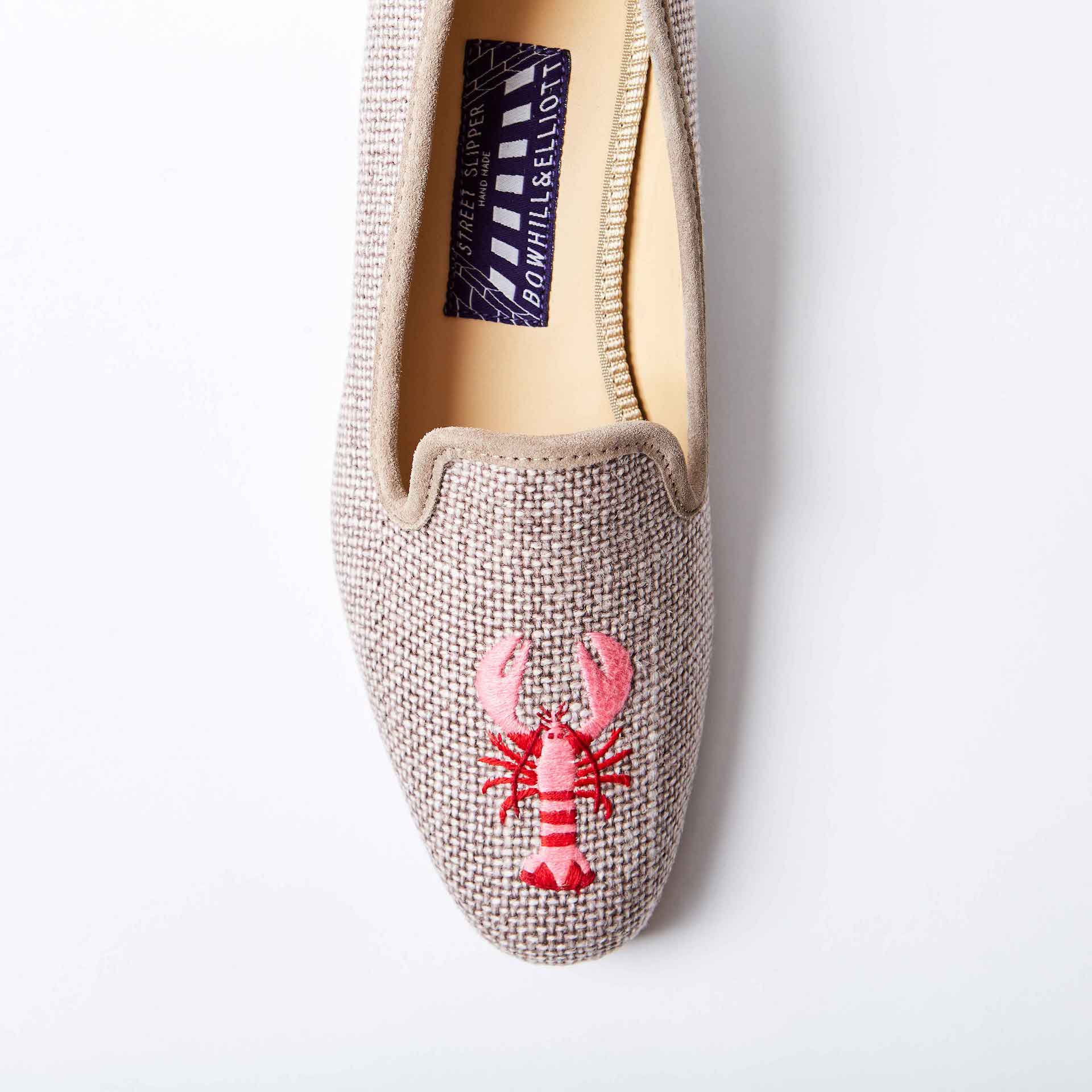 Truffle Linen Albert Slippers with Embroidered Pink Lobster 4