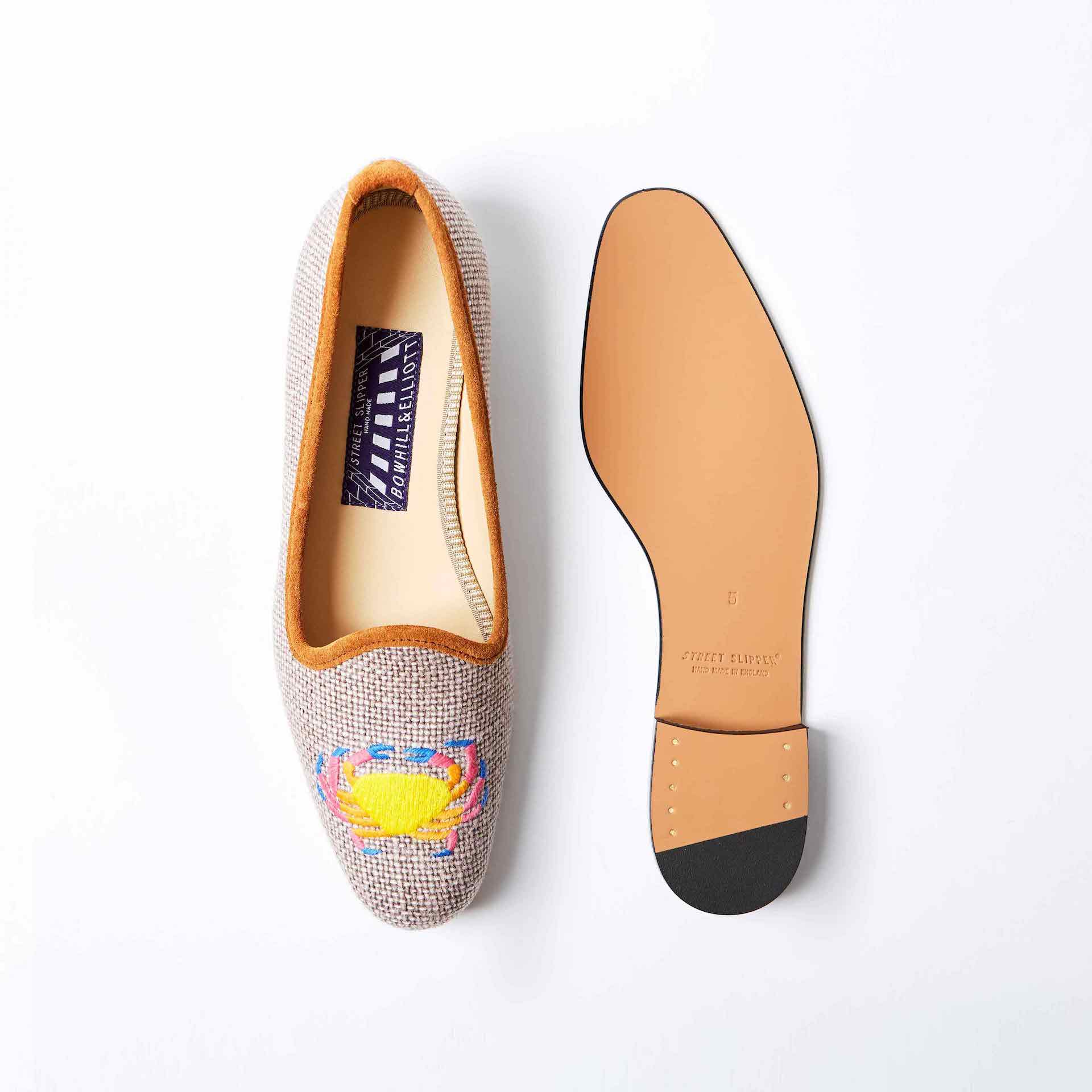 Truffle Linen Pump with Embroidered Funky Crab