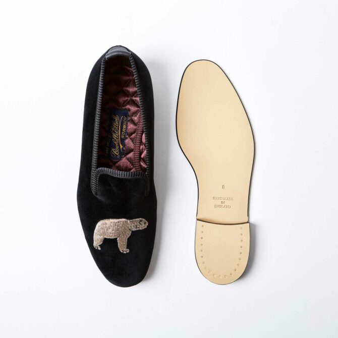 Black Velvet Albert Slippers with Bear