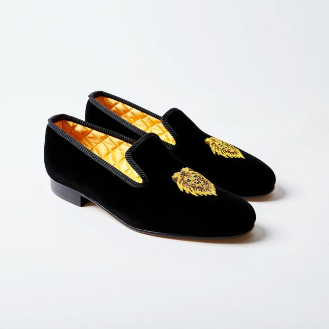 Black Velvet Albert Slippers with King Lion