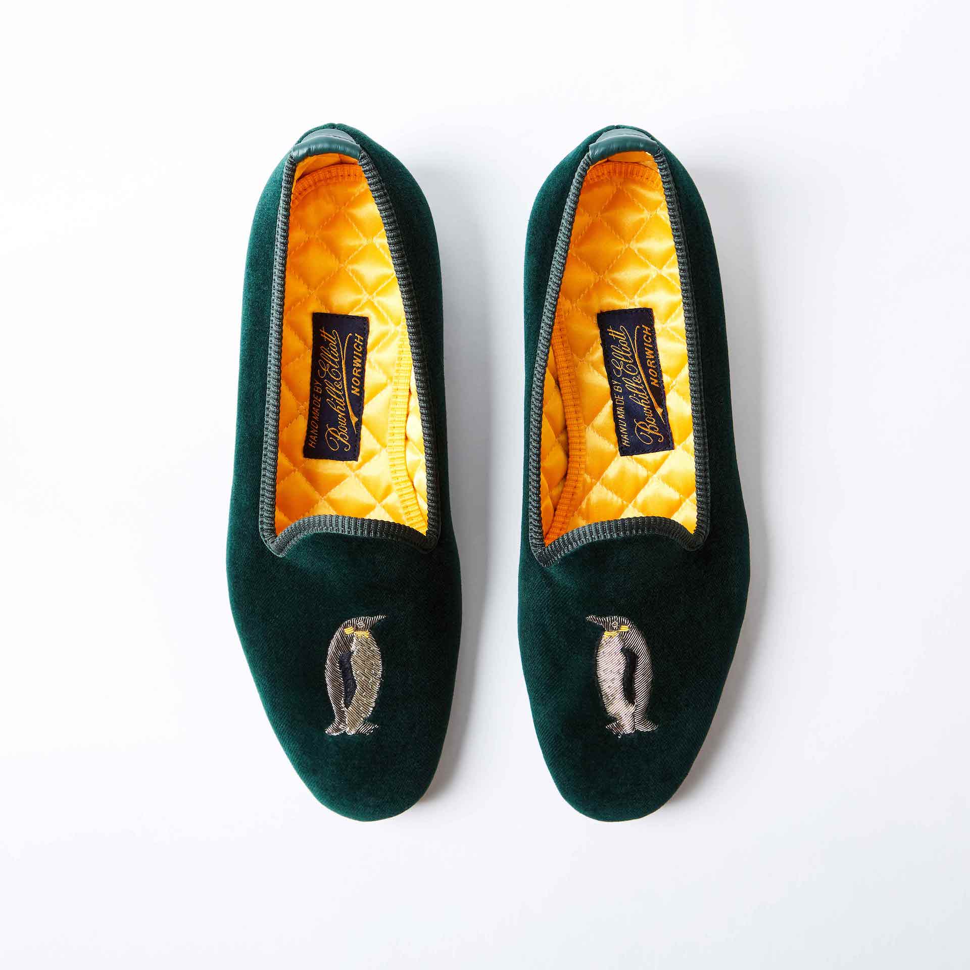 Green Velvet Venetian Slippers with Emperor Penguin