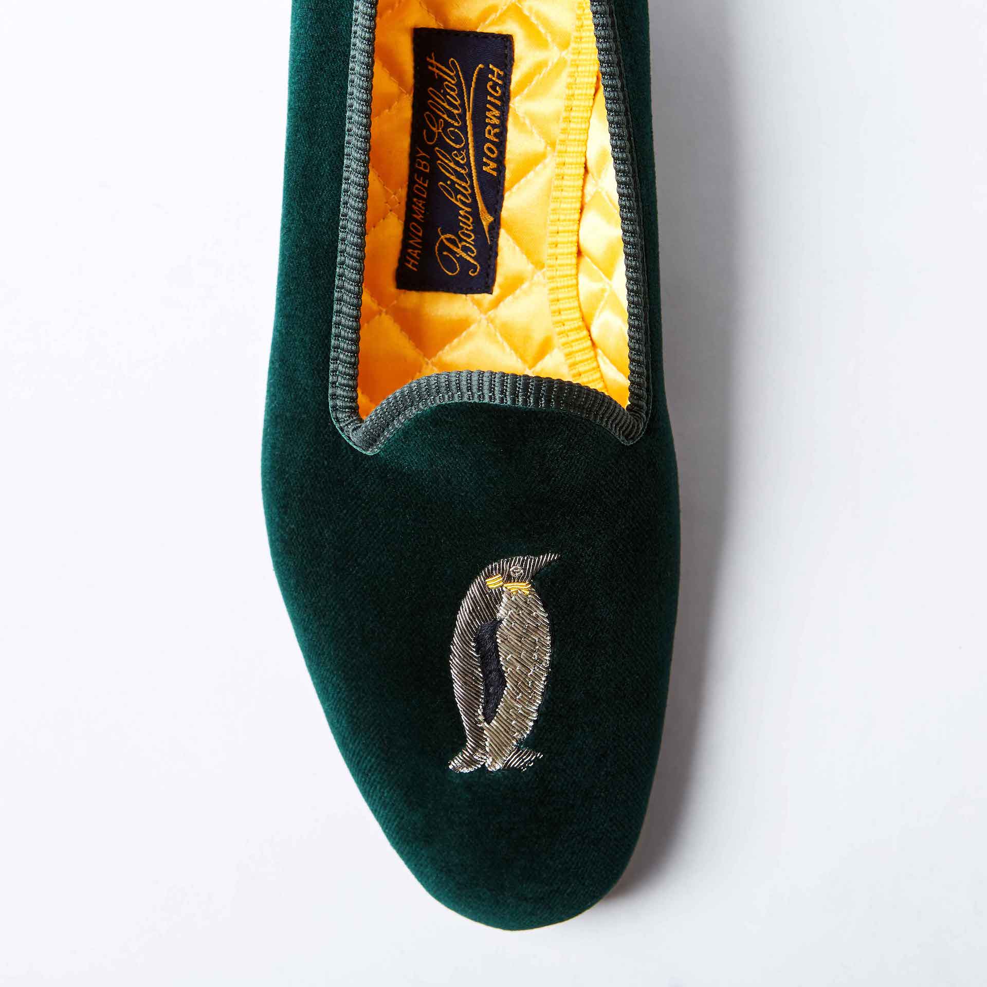 Green Velvet Venetian Slippers with Emperor Penguin