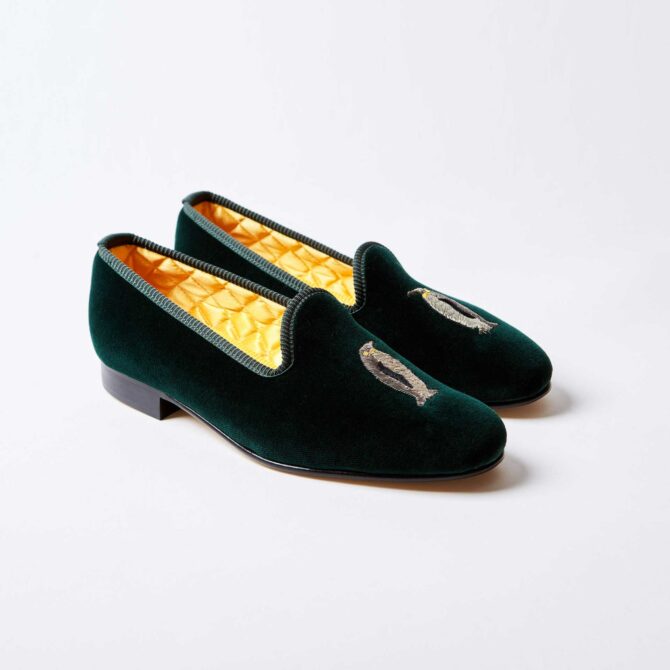 Green Velvet Venetian Slippers with Penguin - Bowhill & Elliott