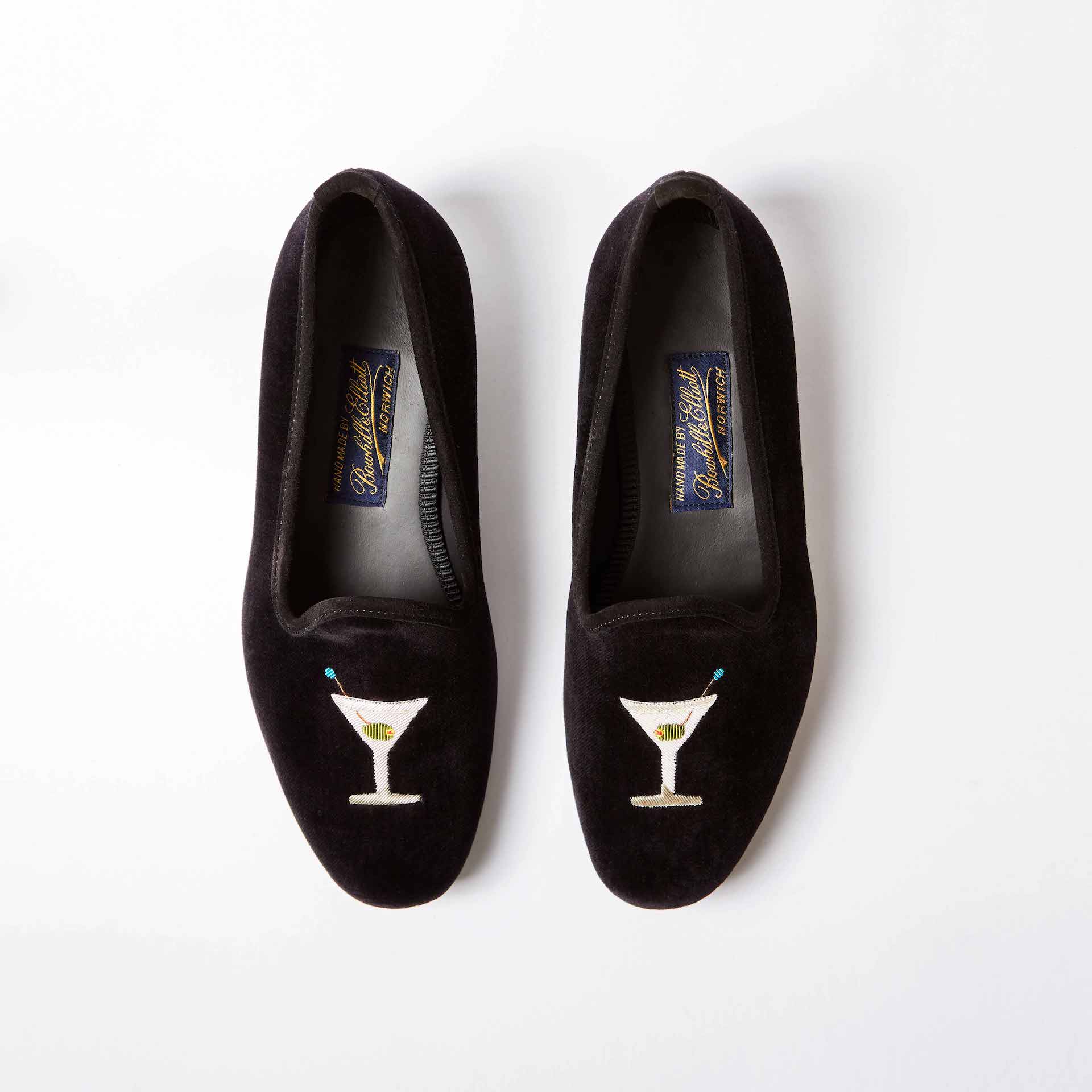 Black Velvet Venetian Slippers with Embroidered Martini 1