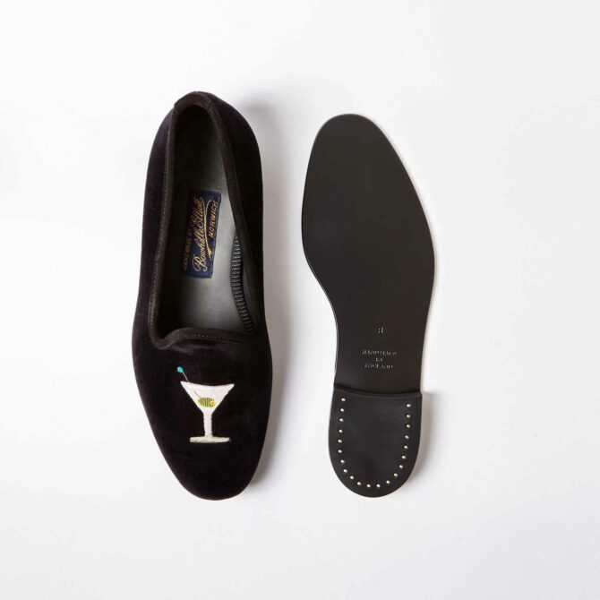 Black Velvet Venetian Slippers with Embroidered Martini