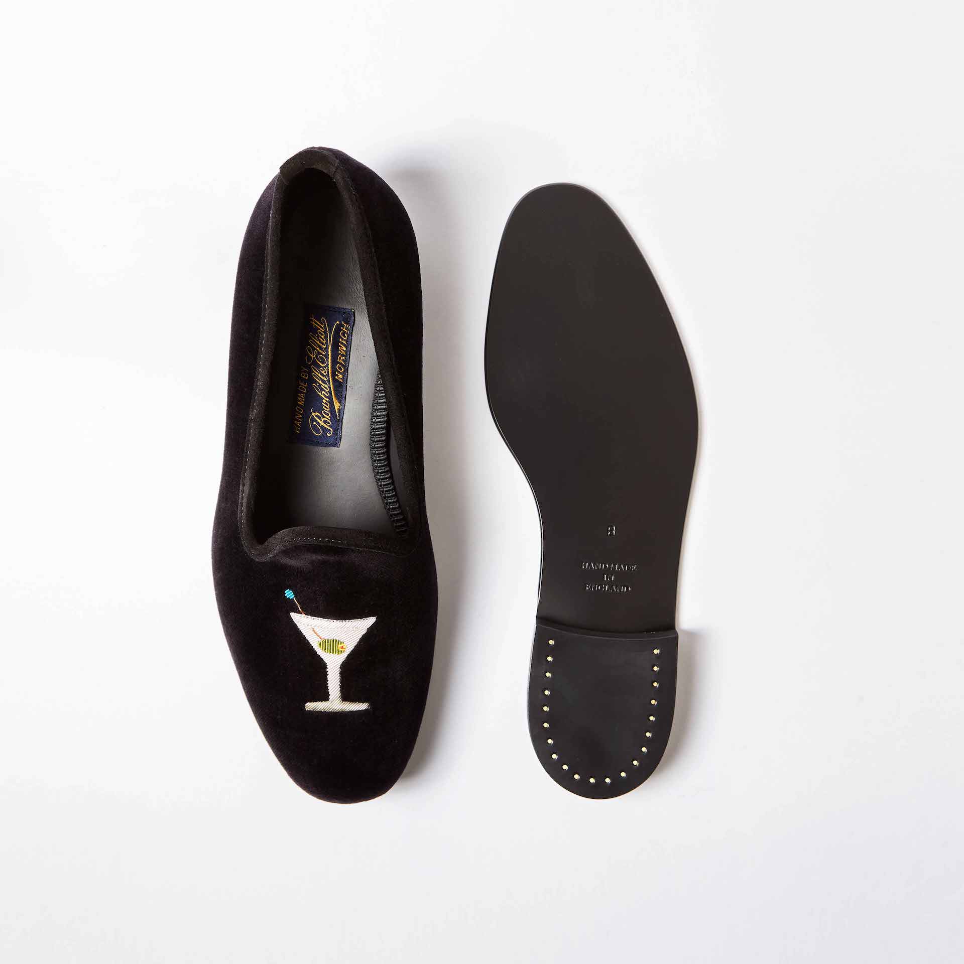Black Velvet Venetian Slippers with Embroidered Martini
