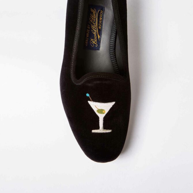 Black Velvet Venetian Slippers with Embroidered Martini