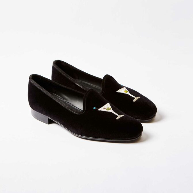 Black Velvet Venetian Slippers with Embroidered Martini