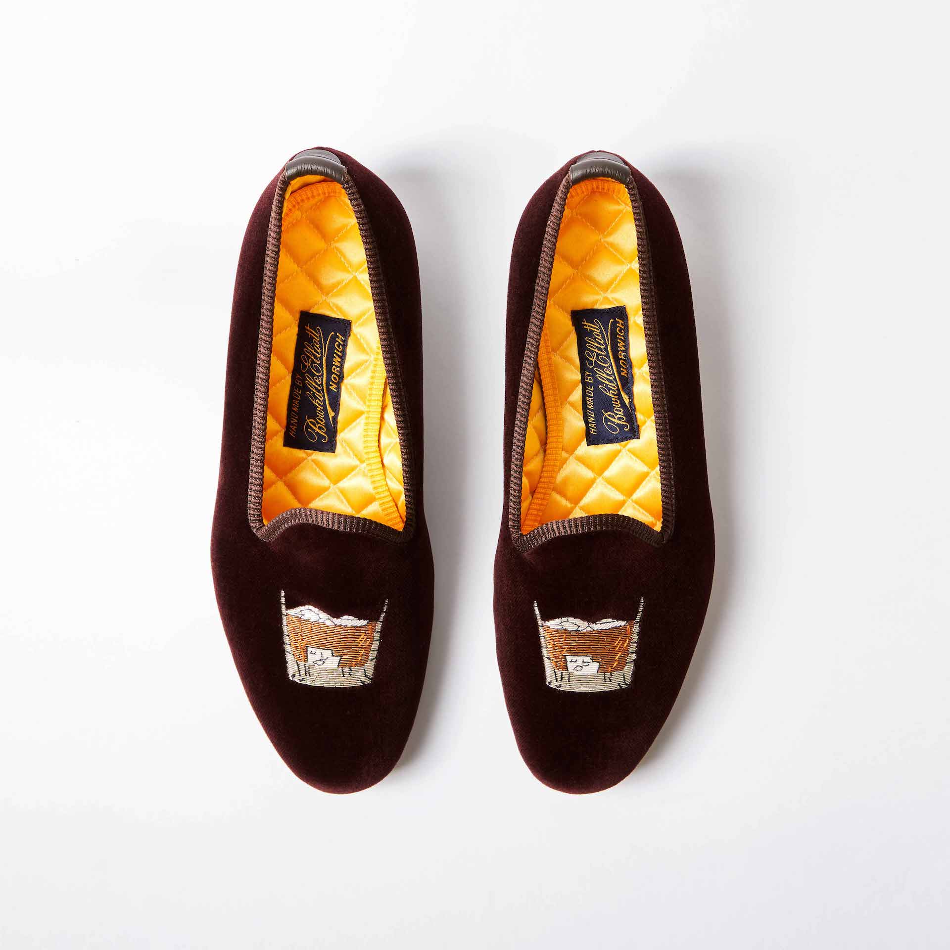 Brown Velvet Venetian Slippers with Embroidered Scotch on the Rocks 1