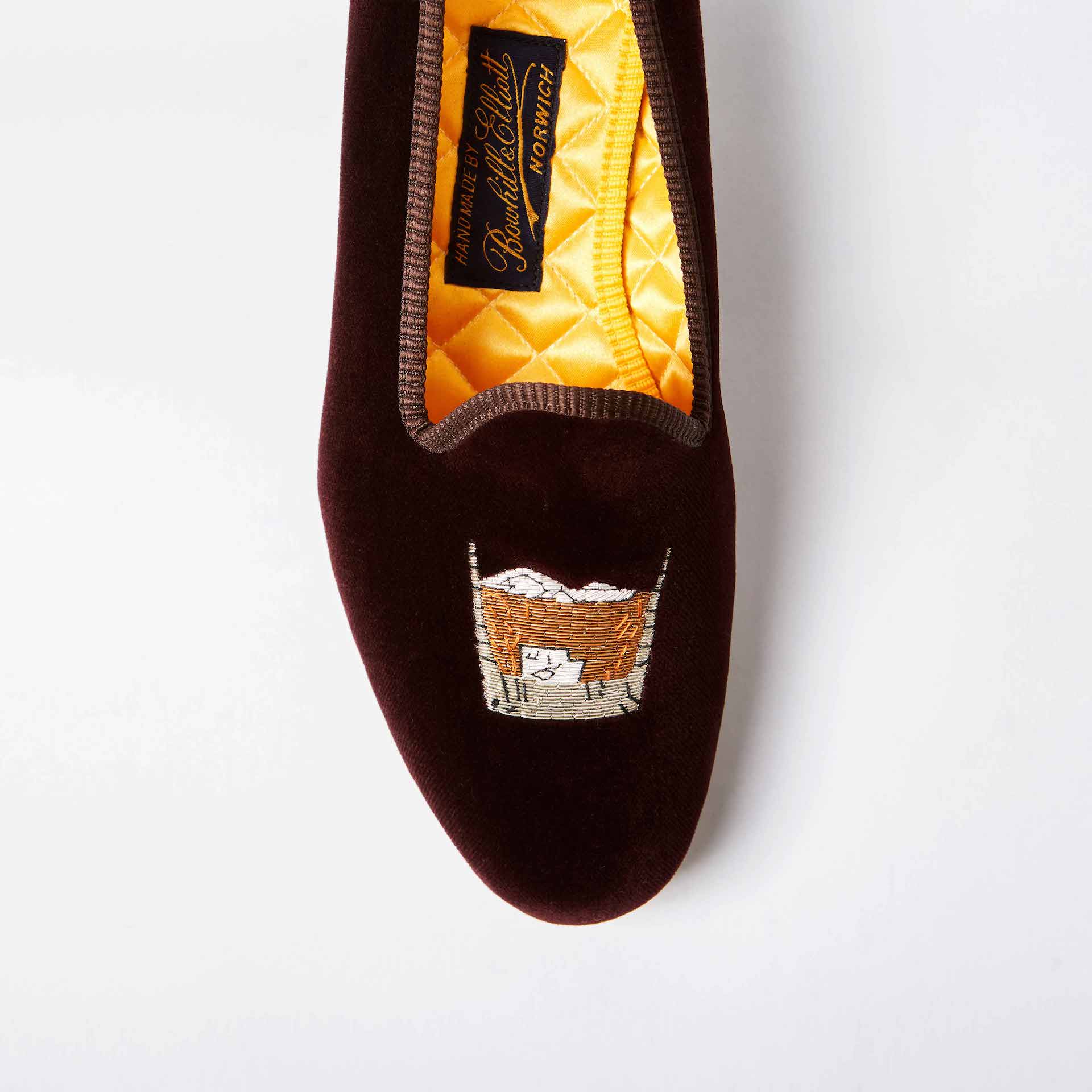 Brown Velvet Venetian Slippers with Embroidered Scotch on the Rocks 2