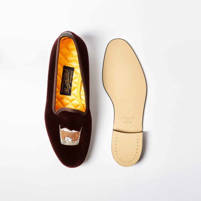 Brown Velvet Venetian Slippers with Embroidered Scotch on the Rocks
