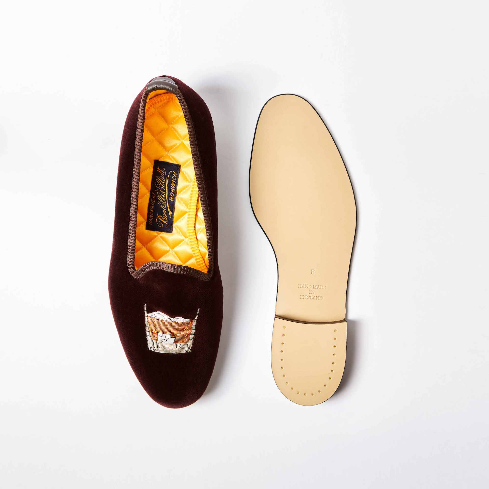 Brown Velvet Venetian Slippers with Embroidered Scotch on the Rocks