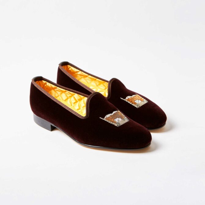 Brown Velvet Venetian Slippers with Embroidered Scotch on the Rocks