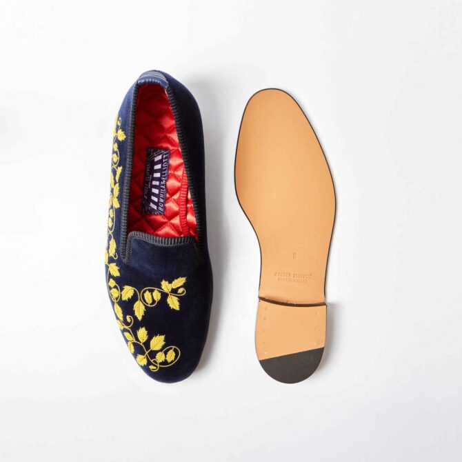 Navy Velvet Albert Slippers with Embroidered Gold Ivy