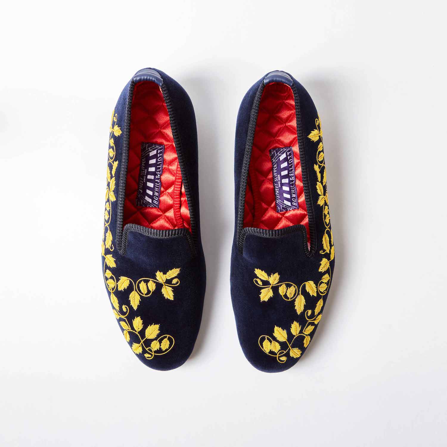 Navy Velvet Albert Slippers with Embroidered Gold Ivy