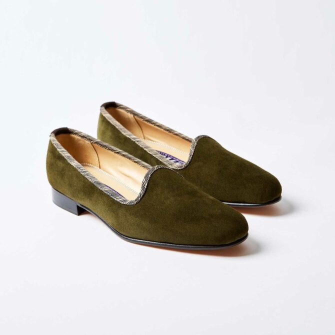 Olive Suede Pumps with Stripe Binding