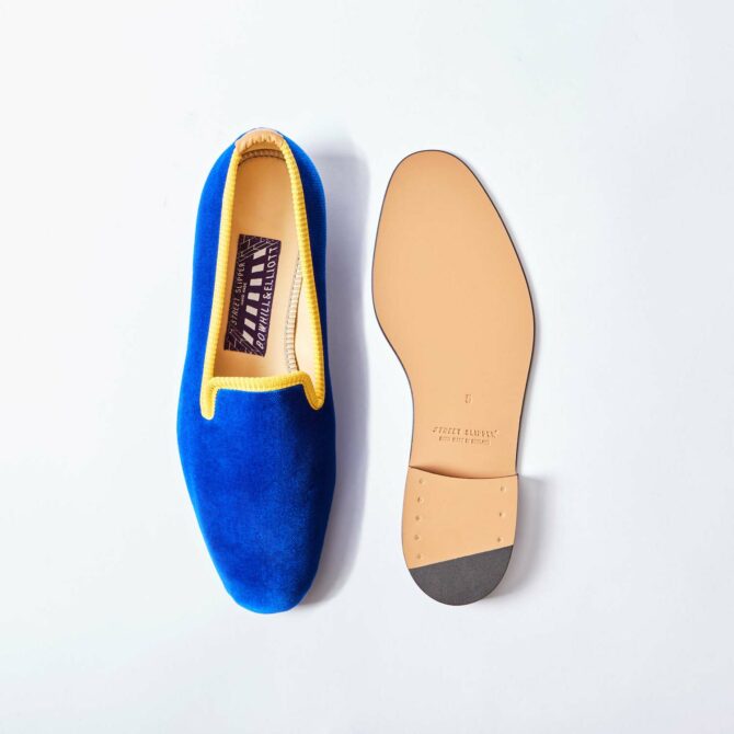 Royal Blue Velvet Albert Slippers with Gold Binding