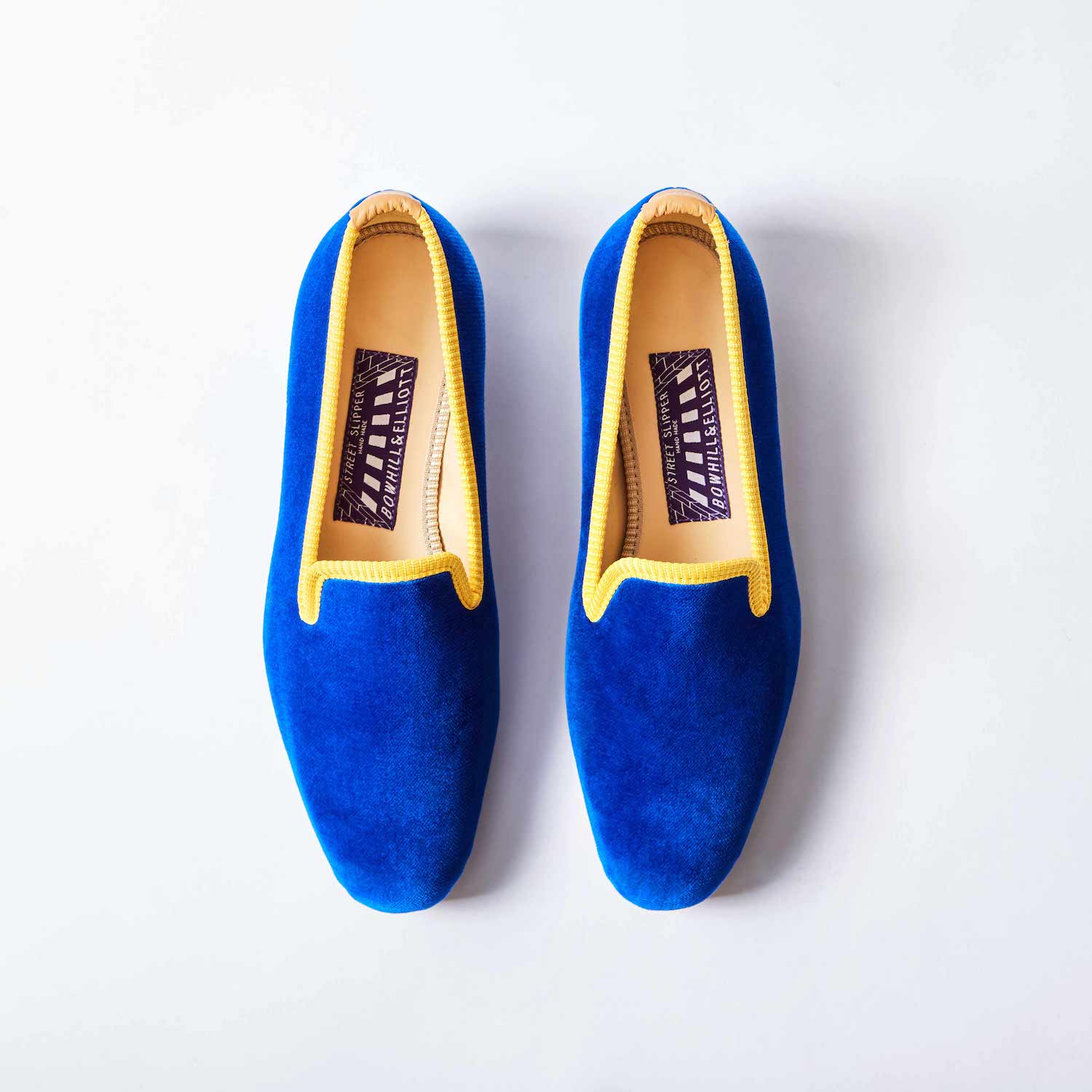 Royal Blue Velvet Albert Slippers with Gold Binding