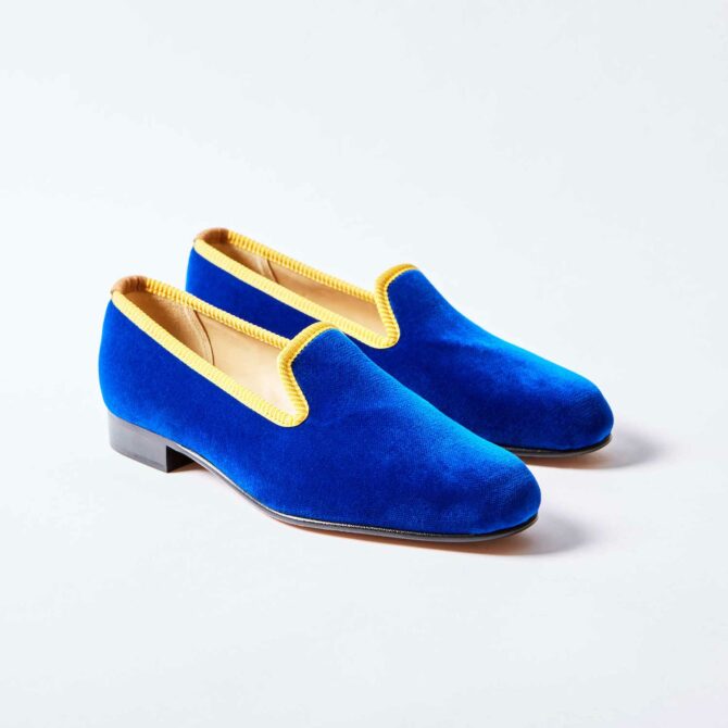 Royal Blue Velvet Albert Slippers with Gold Binding