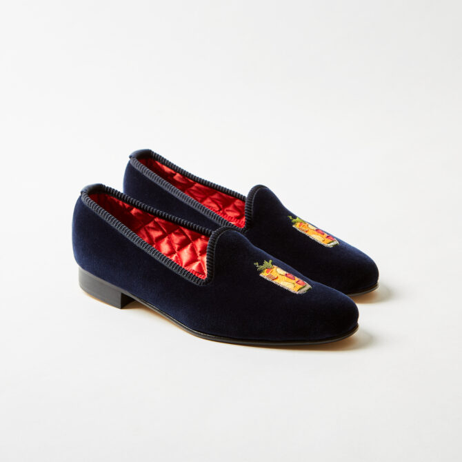 Navy Velvet Venetian Slippers with Embroidered Pimm's