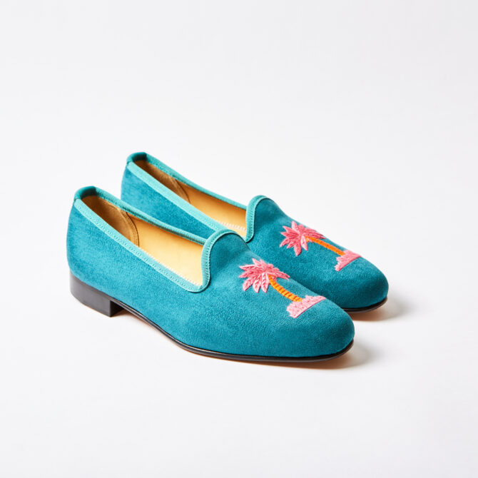 Viridian Suede Venetian Street Slippers with Palm Tree