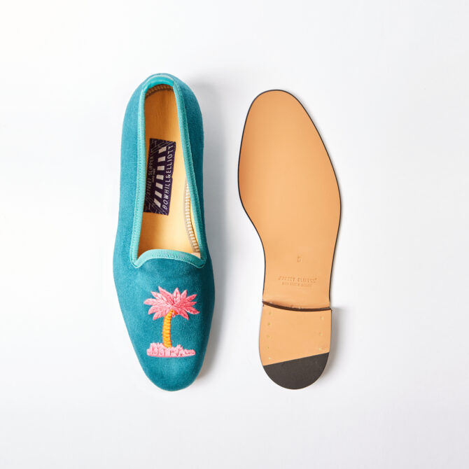 Viridian Suede Venetian Street Slippers with Palm Tree