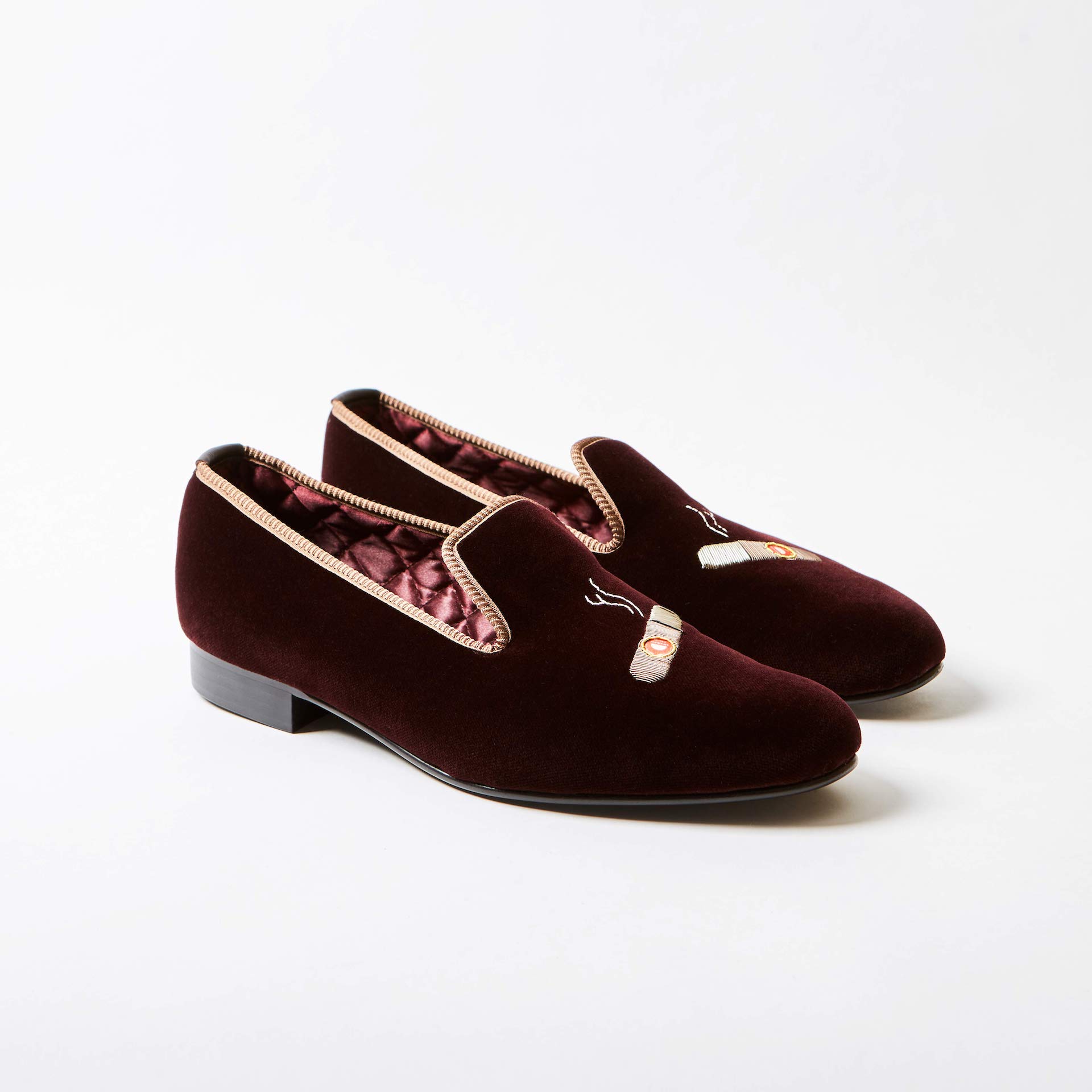 Brown Velvet Albert Slippers with Embroidered Cuban Cigar