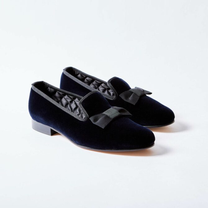 Navy Velvet Albert Slippers with Bow