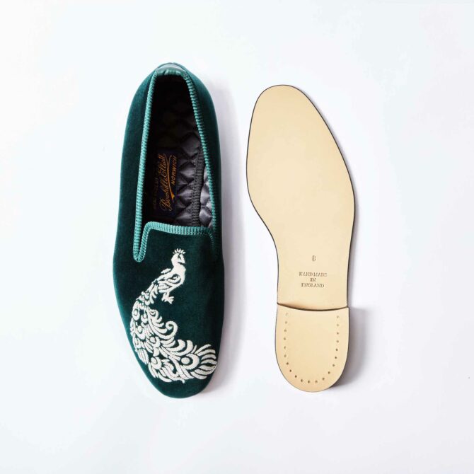 Green Velvet Albert Slipper with Embroidered Silver Peacock