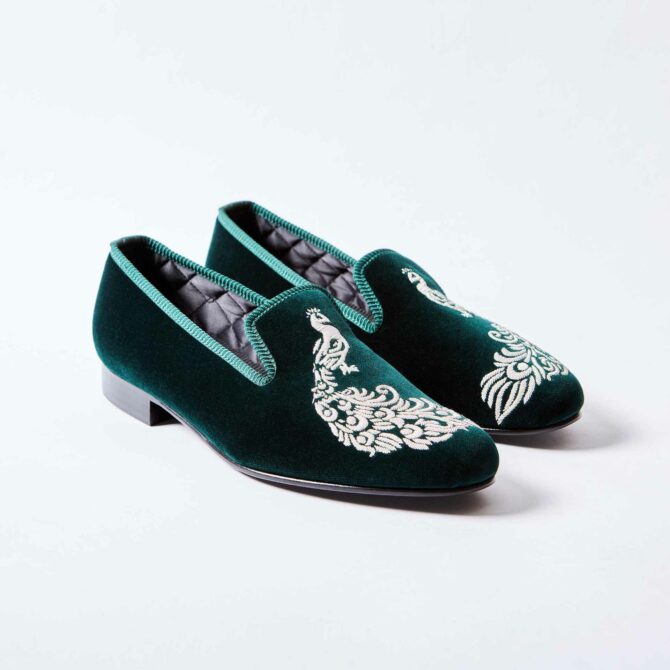 Green Velvet Albert Slipper with Embroidered Silver Peacock