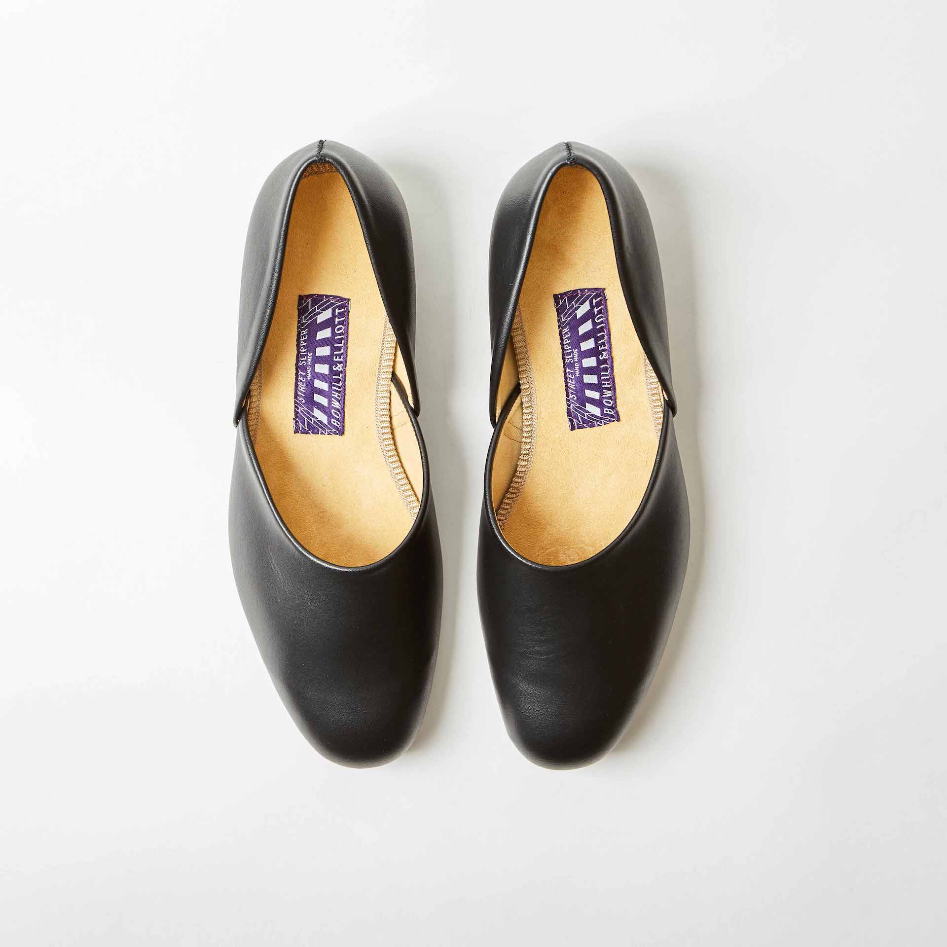 Black Leather Hard Sole Grecian Slippers | Bowhill & Elliott