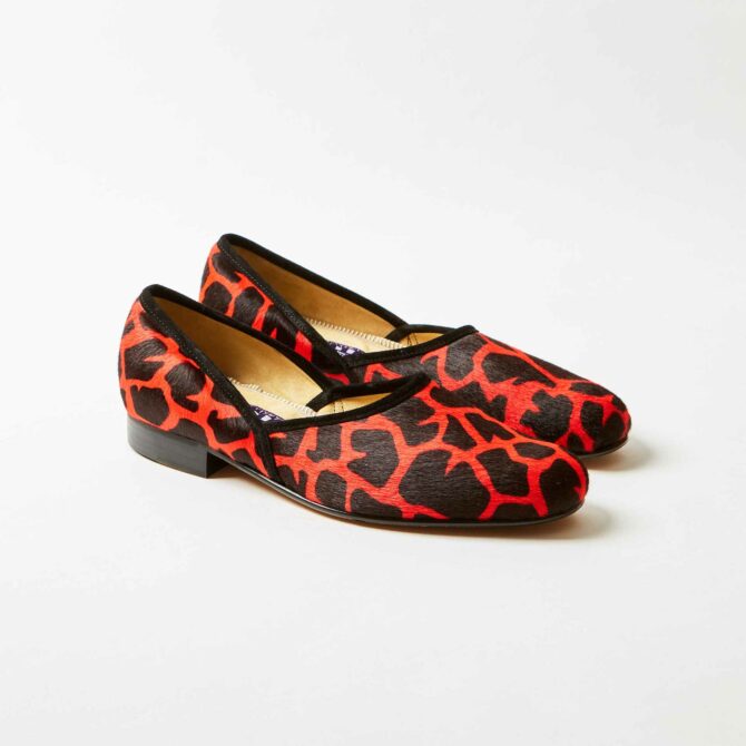 Red and Black Giraffe Print Cow Hair Hard Sole Grecian Slippers