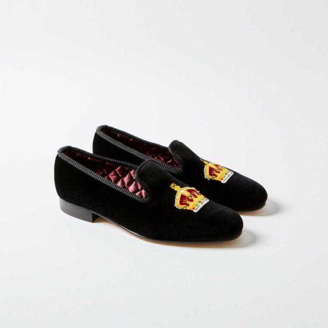 Black Velvet Embroidered Albert Slippers with Crown