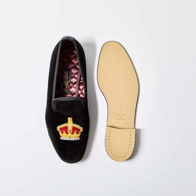 Black Velvet Embroidered Albert Slippers with Crown