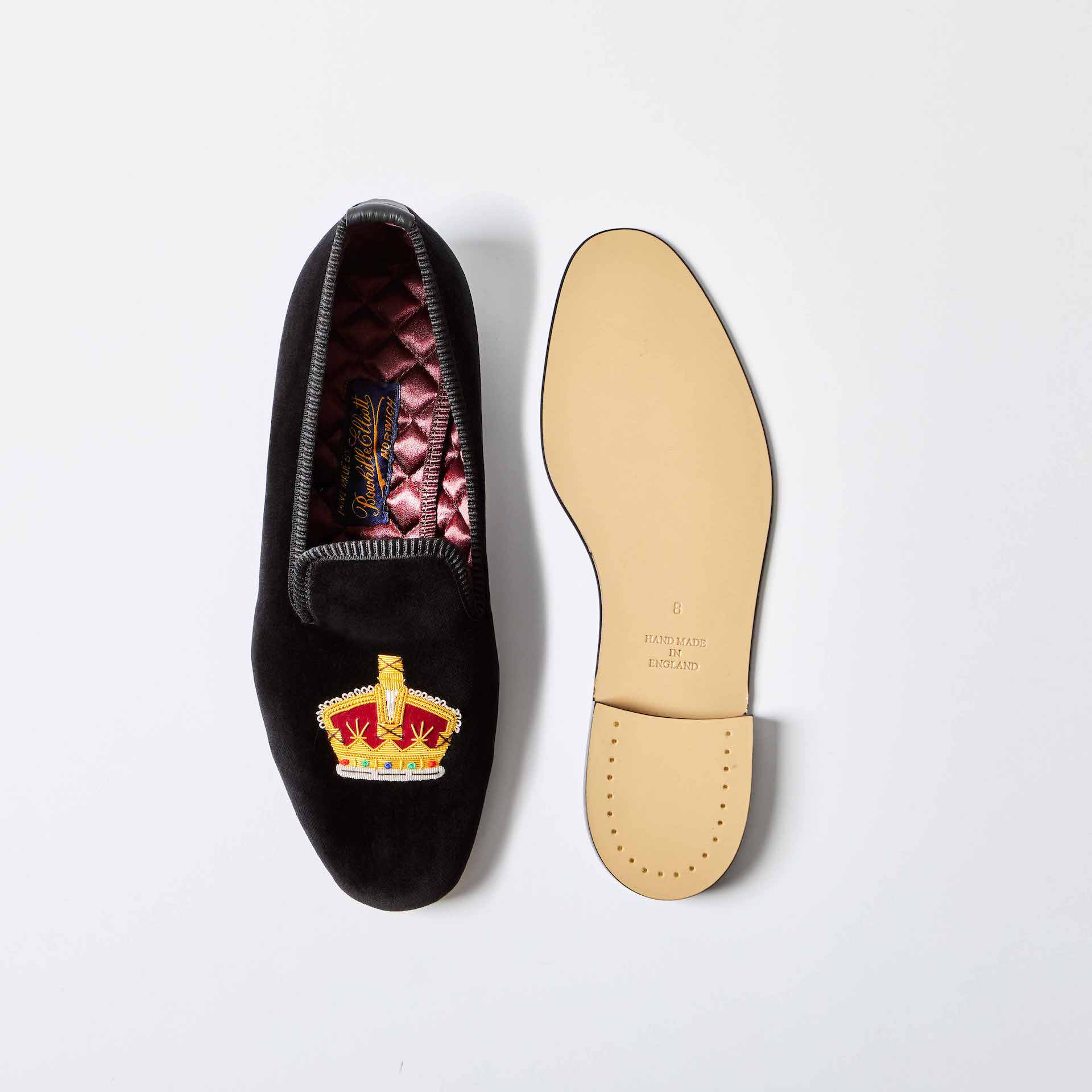 Black Velvet Albert Slippers with Embroidered Gold Crown