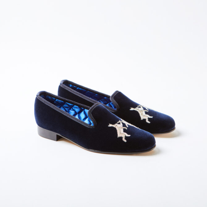 Navy Velvet Albert Slippers with Boxing Hares