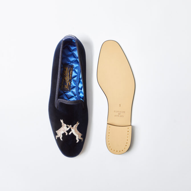 Navy Velvet Albert Slippers with Boxing Hares