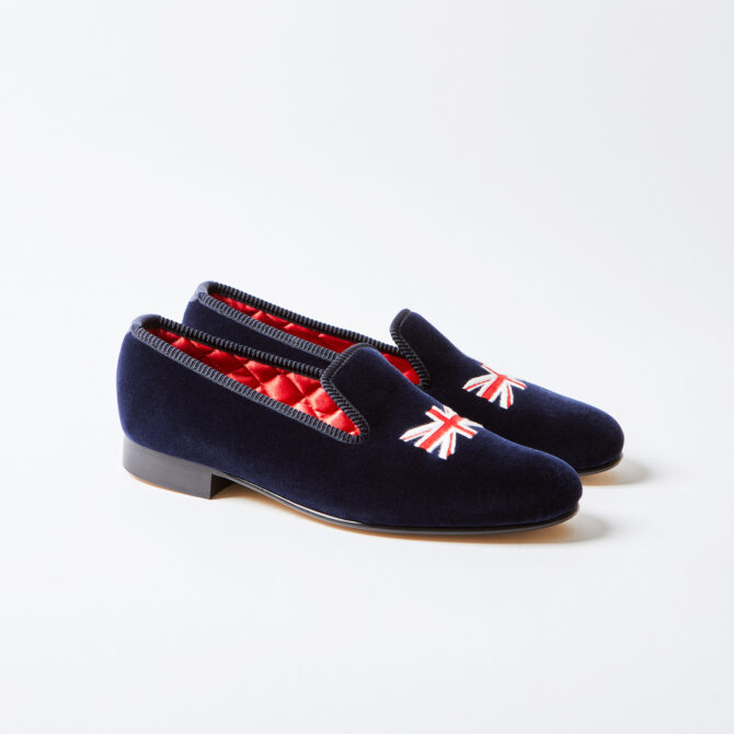 Navy Velvet Albert Slippers with Embroidered Union Jack