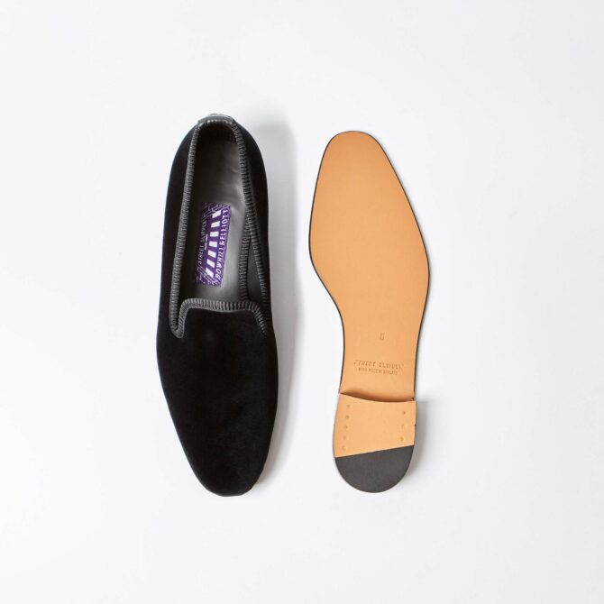 Black Velvet Plain Albert Slippers (Rubber Sole)