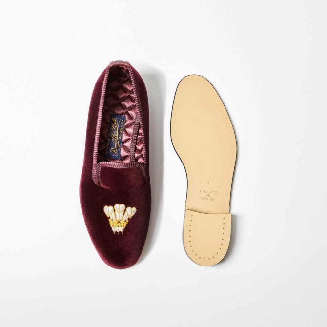 Wine Velvet Embroidered Albert Slippers with Prince of Wales Feathers