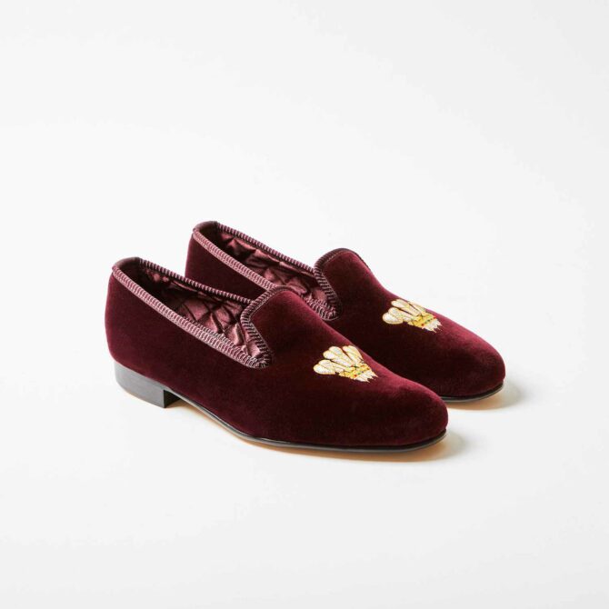 Wine Velvet Embroidered Albert Slippers with Prince of Wales Feathers