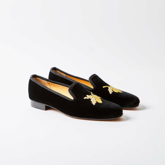 Black Velvet Albert Slippers with Embroidered Acorn