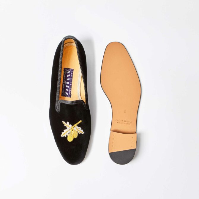 Black Velvet Albert Slippers with Embroidered Acorn